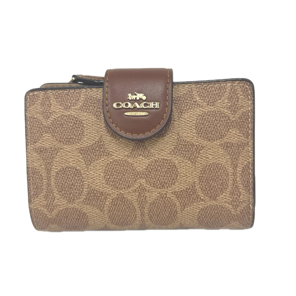 COACH Medium Corner Zip Wallet Signature Canvas CW786 Bi-fold Brown Beige Lea...